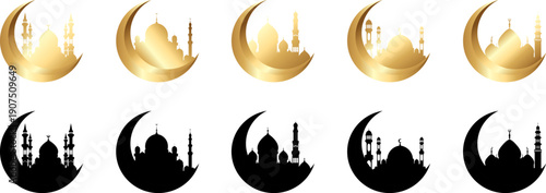 Set of ramadan kareem symbol. Golden crescent moon and mosque. Isolated on transparent background