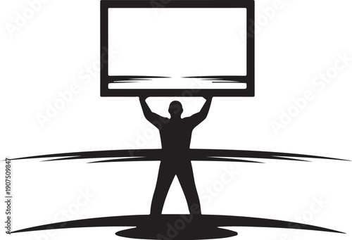Man holding up a large blank television screen display