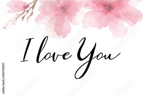 Pink Cherry Blossom Love Message on White Background
