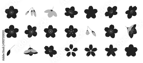 色々な形の桜のアイコンイラストセット　シルエット