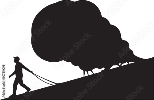 Man pulling tree with roots up a steep hill