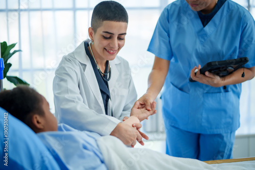 Smiling doctor hospital healthcare patient pulse check nurse clinic medical team recovery support care create warm hospital scene, gentle trust between doctor and patient, calm, hopeful