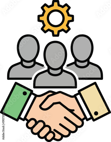 Team Collaboration and Partnership Concept with Hands Shaking and Gear Icon