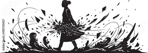 Silhouette of a woman walking through abstract swirling black lines