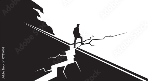 Man balancing on a broken branch over a deep chasm