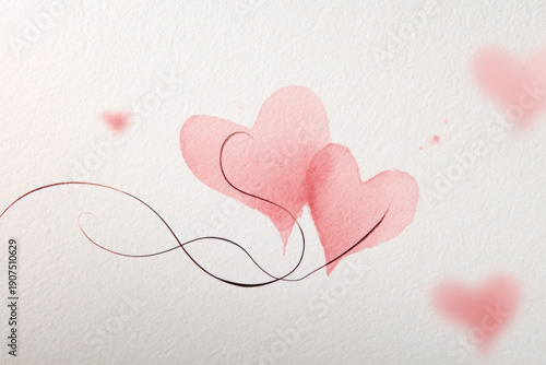 Pink Hearts Floating with Ribbon on White Background