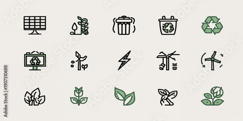 Vector set of ecology and recycling icons featuring a collection of black web symbols like trees, glass bottles, coffee cups, and heart signs for eco business design illustration