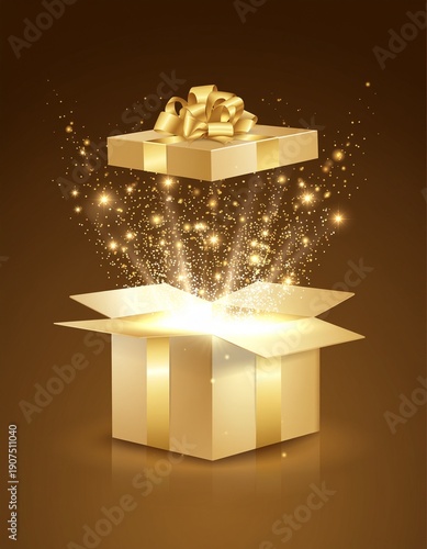 Holiday gift box exploding with sparkling lights and magical particles