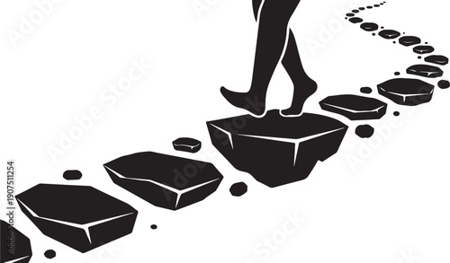 Person stepping on stones in a path forward slowly