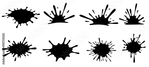 Vector set of black ink splat snd drop. spill design stain like splash.