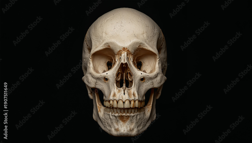 Fototapeta premium 黒背景に正面向きの頭蓋骨を精緻に捉えた標本ポートレート