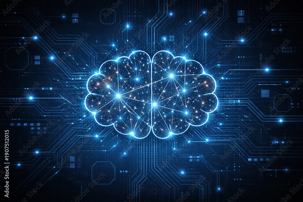 Fototapeta premium AI generated digital brain with glowing neural connections and electronic circuitry representing artificial intelligence data processing machine learning and future computing technology