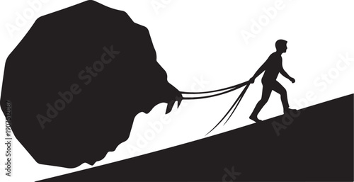 Man pulling large boulder up a steep hill silhouette