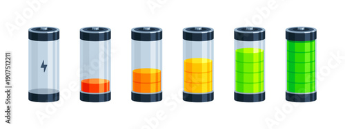 Battery charge level UI indicator from empty to full power. Mobile app interface, dashboard status bar, and energy percentage concepts. Flat vector illustration isolated on white background