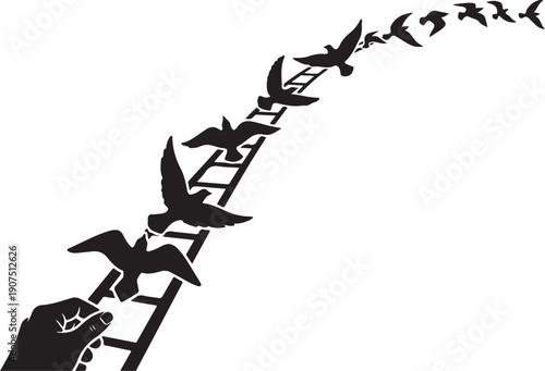 Birds flying away from a hand holding a ladder