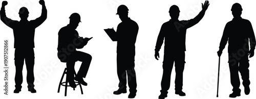 Construction worker silhouette set, industrial engineer engineer celebrating, architect writing notes, foreman waving hand, builder standing with walking stick, safety helmet.
