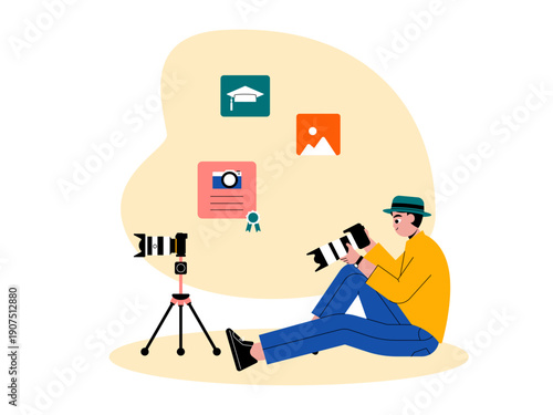 Man person who takes a photography or content creation course. Course illustrations. Flat vector illustration concepts.