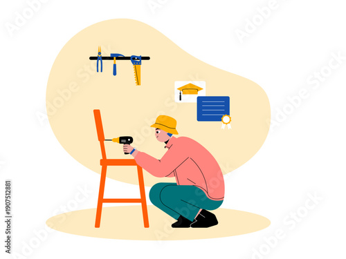 A man who works as a carpenter will likely take a course or vocational training to become a professional carpenter. Course illustrations. Flat vector illustration concepts.