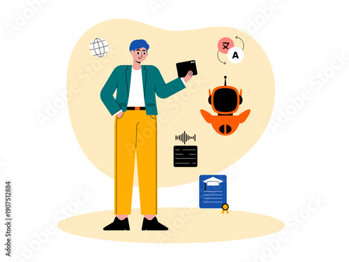 Young men take courses or education in artificial intelligence (AI), which focuses on language processing and robotics. Course illustrations. Flat vector illustration concepts.