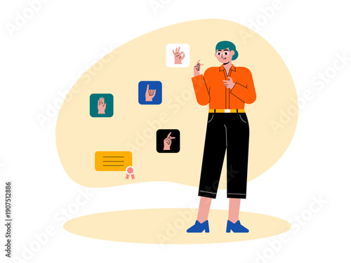 A young woman involved in a communication course and sign language teaching. Course illustrations. Flat vector illustration concepts.