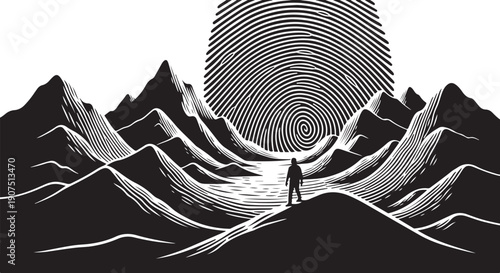 Man standing in front of fingerprint mountain landscape illustration