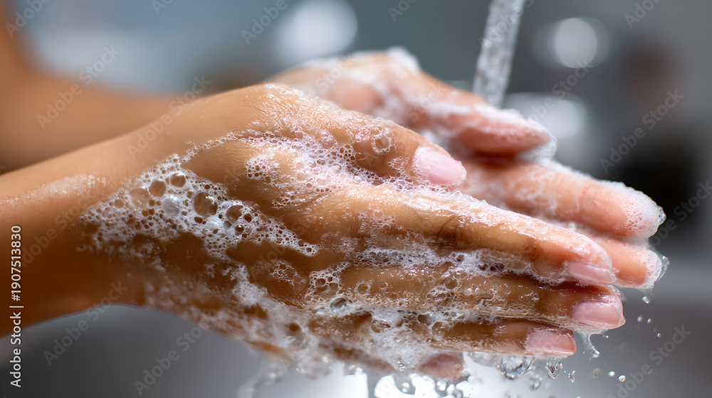 Fototapeta premium Close up of hands lathered with white soap under running water from faucet 