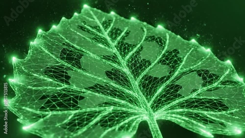 Futuristic digital leaf structure glowing with intricate connections, symbolizing advanced biotechnology and the future of plant science, a vibrant green network of organic innovation