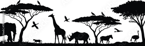 African safari wildlife silhouettes featuring elephant, giraffe, rhino, zebra, and birds in savanna landscape with acacia trees for nature travel projects.
