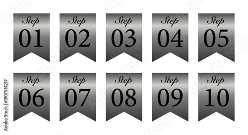 メタリックグレーのフラッグ型アイコンに数字を刻んだ、順序や手順を示すためのステップ表示バナー