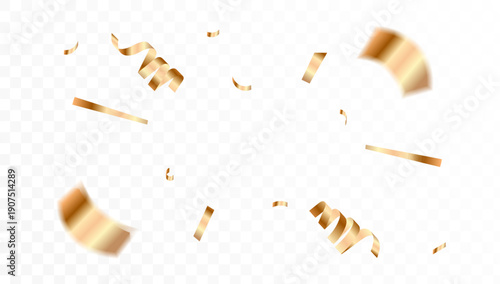 Golden confetti streamers and ribbons falling and swirling on a transparent background, celebratory explosion