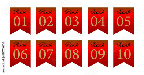 鮮やかな赤色のリボン旗を使用した、1位から10位までを表現するランク付けインデックスアイコン
