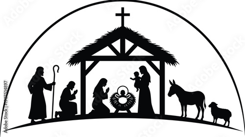 Nativity, scene, silhouette, featuring, Mary, Joseph, baby, Jesus, in, manger, three, wise, men, shepherd, donkey, and, sheep, for, Christmas, designs.
