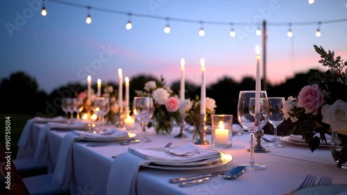 Elegant outdoor dining scene with illuminated candles, floral arrangements, & string lights at dusk