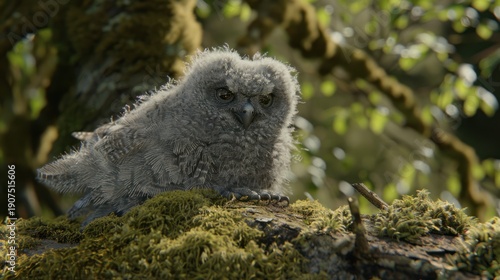 Wallpaper Mural Baby Owl Resting on Mossy Tree Branch in Forest Scene Torontodigital.ca