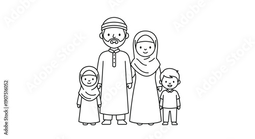 Simple black and white line art illustration of a smiling Muslim family of four, including parents and two children.