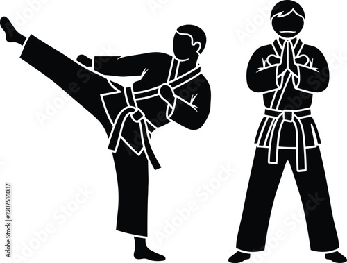 Martial Arts Silhouette of Fighters Practicing Karate Kick and Respectful Bow for Sport Training Combat Fitness Self Defense and Discipline Vector