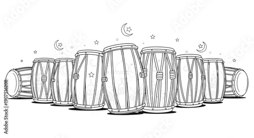 Line art illustration depicting a row of festive percussion drums adorned with stars and crescent moons.