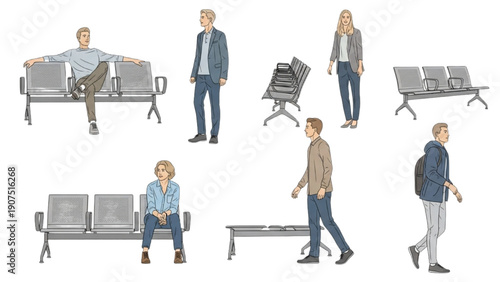 Modern vector people characters sitting and standing on benches in public waiting environments