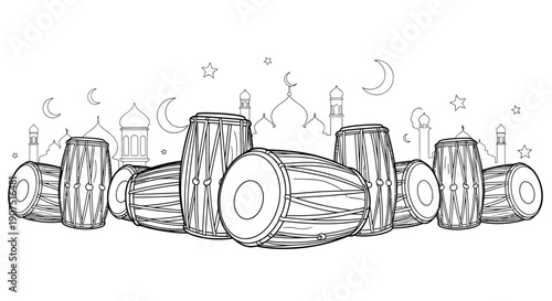 Black and white line art illustration of traditional Indian percussion drums arranged horizontally, with mosque silhouettes, crescent moons, and stars in the background.