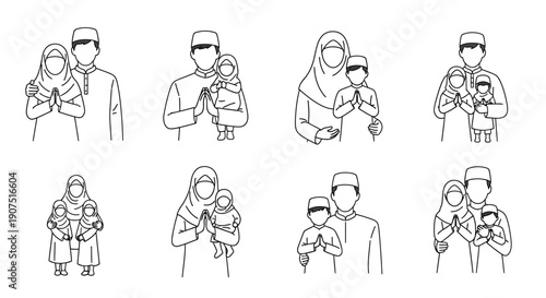 Collection of black and white line art illustrations depicting Muslim families in traditional attire performing greeting gestures.