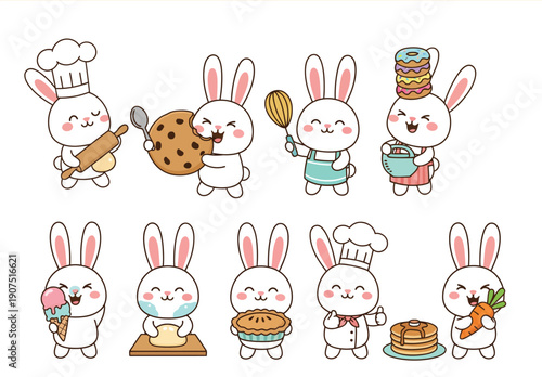 Cute Bunny Baking and Cooking Character Set Cartoon Illustration for Kids