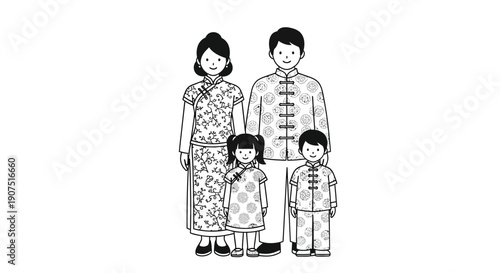 A simple black and white illustration depicting an East Asian family of four, including parents and two children, standing side by side in traditional Chinese attire.