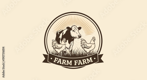 Vintage Farm Emblem Featuring Cow and Chicken Illustration.