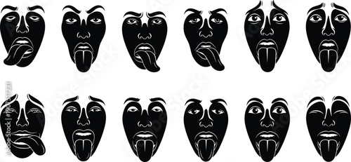 Abstract human face expressions with tongue out gestures set, surreal emotional masks illustration, bold black and white vector art design