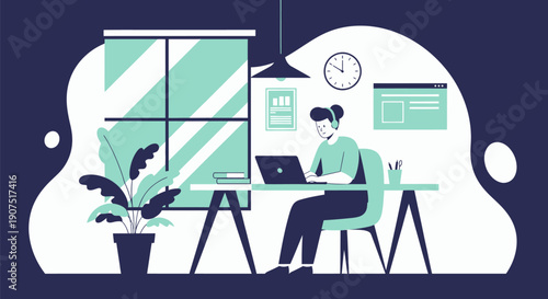 Woman working on laptop at desk in home office.