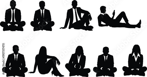 Business people silhouettes sitting and relaxing poses set, professional men and women characters, corporate lifestyle black vector illustration