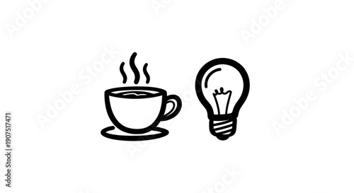 Simple Line Art of a Cup of Coffee and a Light Bulb.