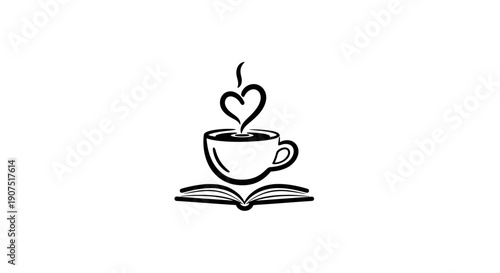 Simple line art illustration of a coffee cup with heart-shaped steam on an open book.