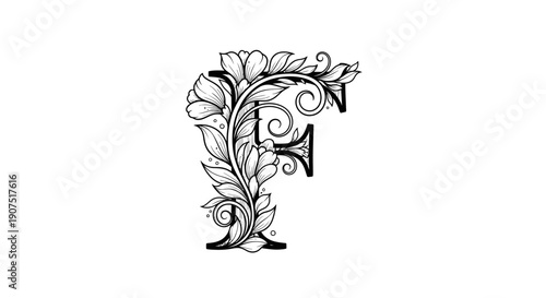 Decorative floral alphabet letter F in black and white.