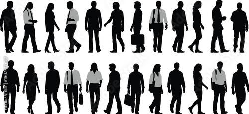 Business people walking silhouettes set, professional men and women commuters in motion, corporate lifestyle crowd black vector illustration